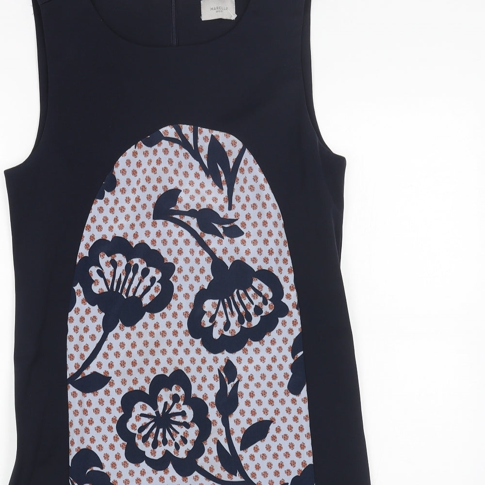 Marella Womens Blue Floral Polyester Pencil Dress Size 10 Boat Neck Zip