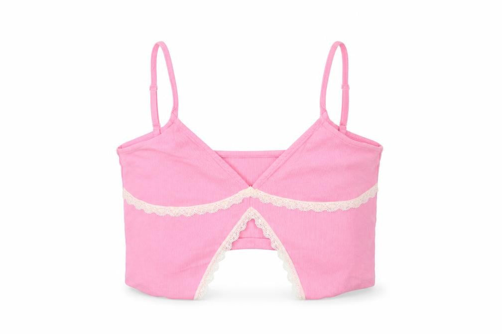 NEON&NYLON Womens Pink Cotton Cropped Tank Size XL V-Neck - Lace Trim