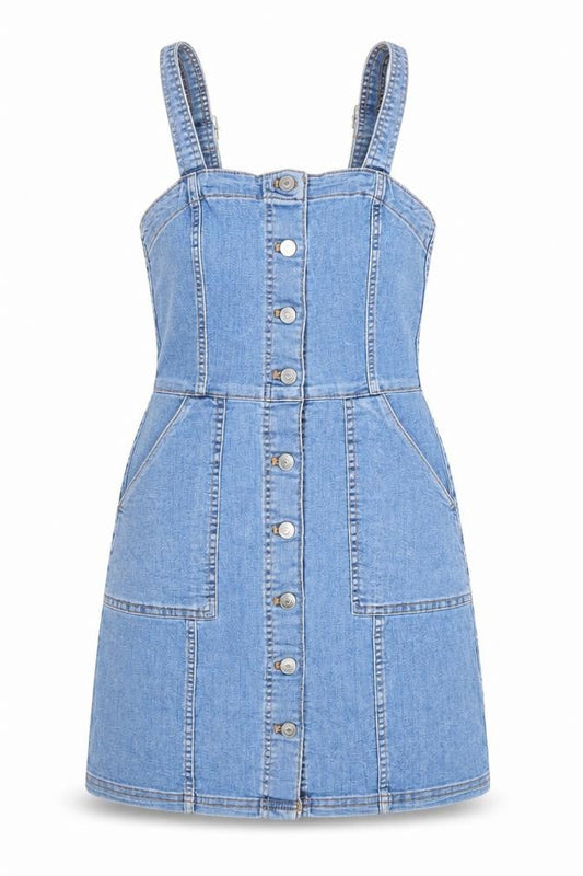 Divided Womens Blue Cotton Pinafore/Dungaree Dress Size 6 Scoop Neck Button