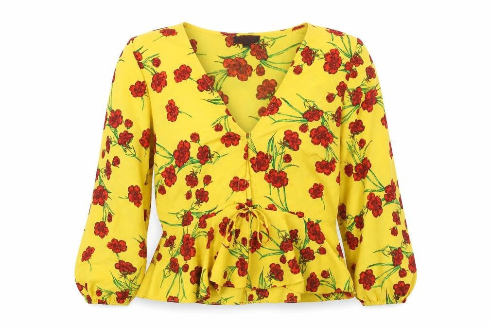 Topshop Womens Yellow Floral Polyester Basic Blouse Size 10 V-Neck