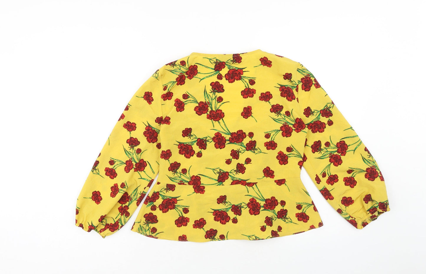 Topshop Womens Yellow Floral Polyester Basic Blouse Size 10 V-Neck