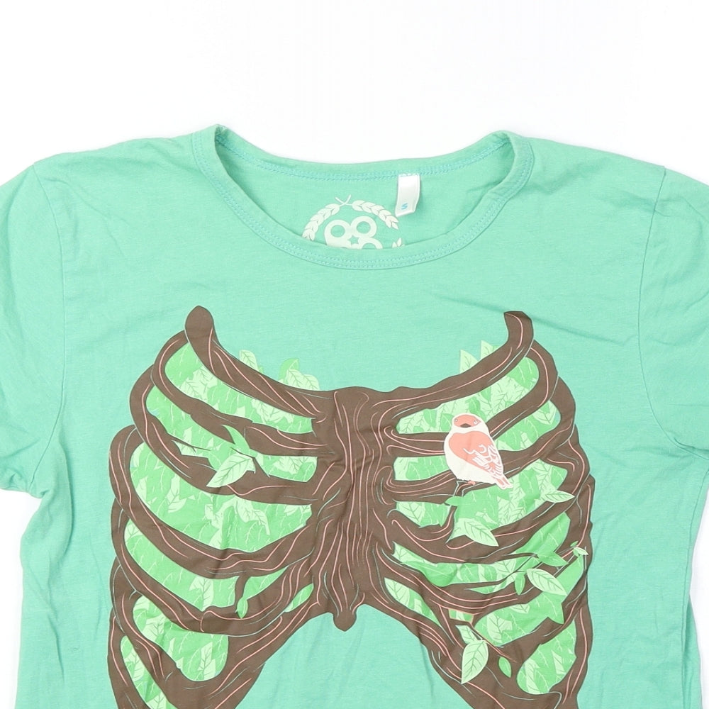 Preworn Womens Green 100% Cotton Basic T-Shirt Size S Scoop Neck - Ribcage. Bird