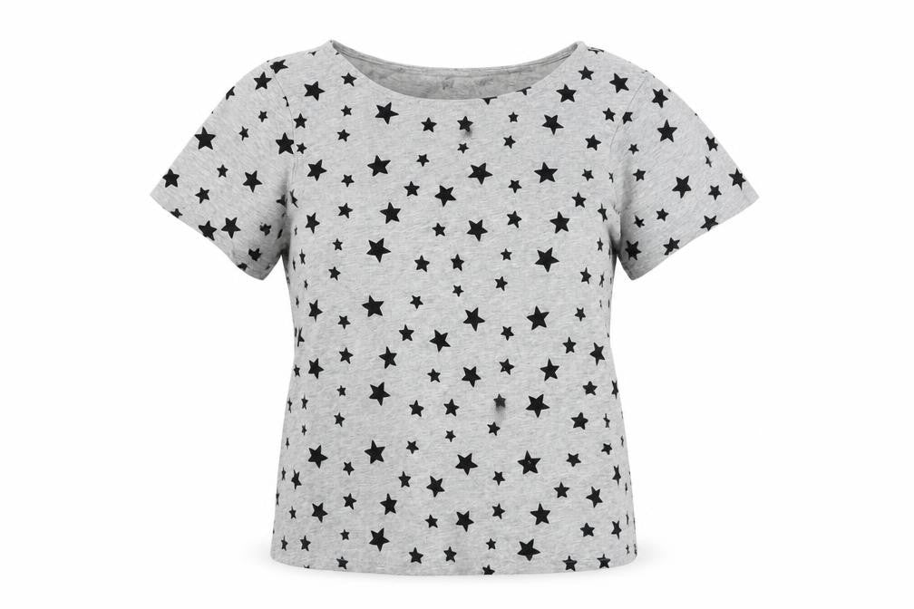 ESMARA Womens Grey Geometric Polyester Basic T-Shirt Size XS Boat Neck - Stars