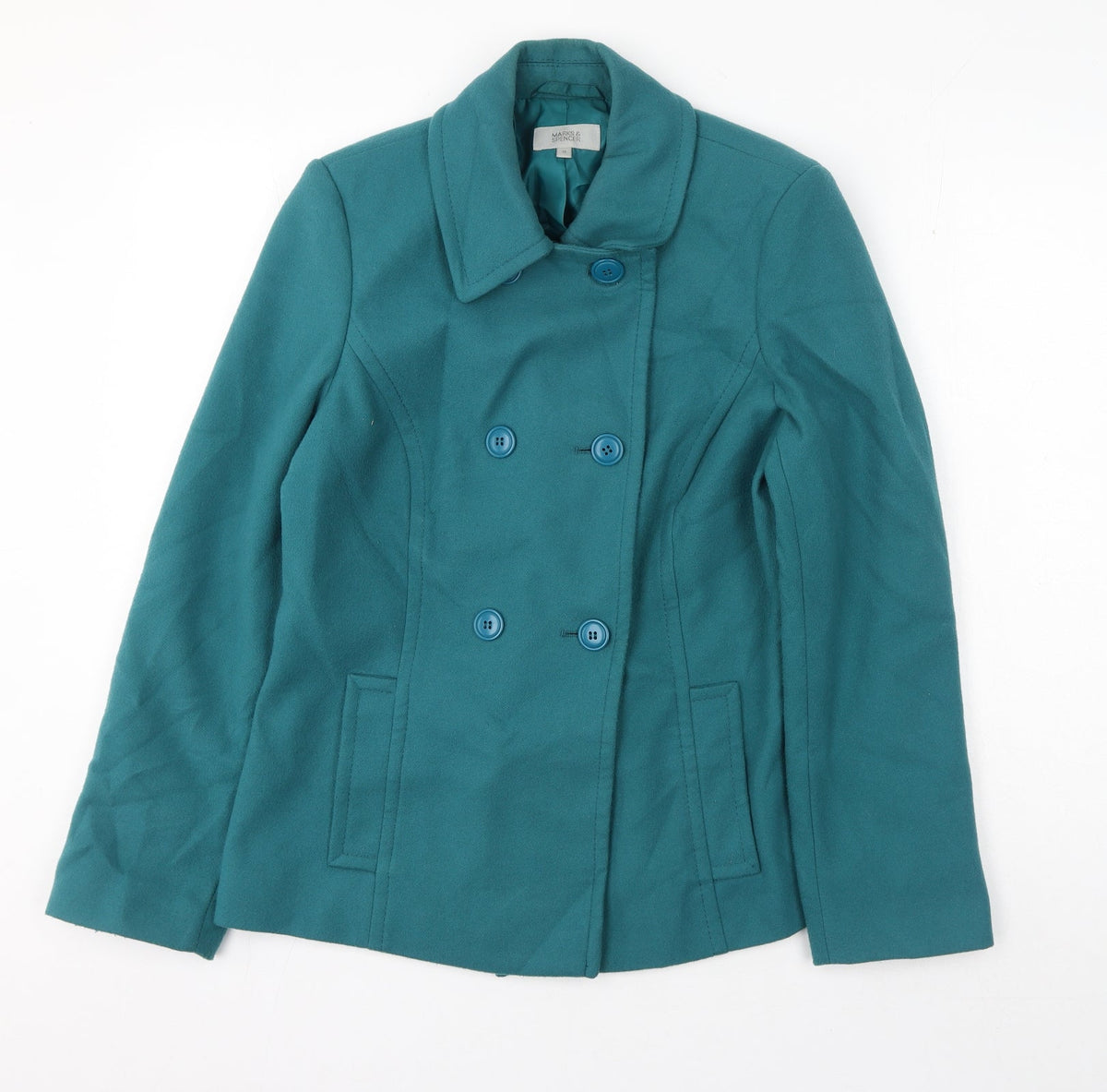 Marks & Spencer Womens Green Pea Coat Jacket Size 10 Button