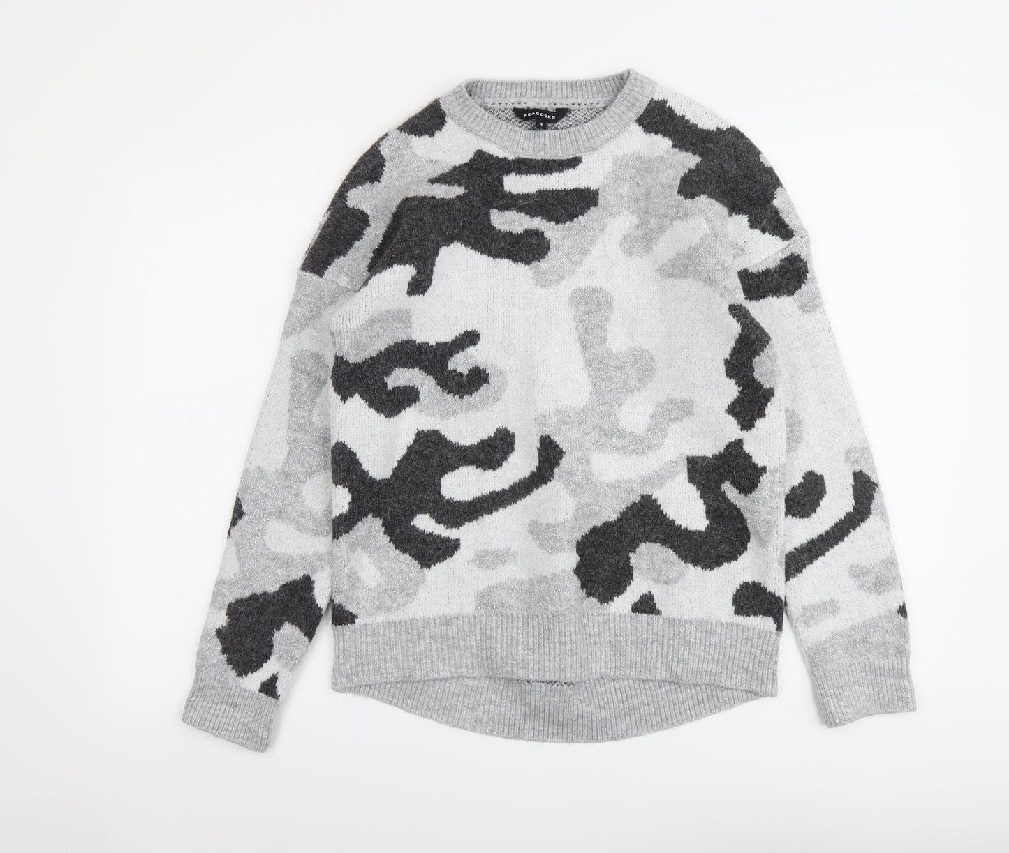 Peacocks Womens Grey Round Neck Camouflage Acrylic Pullover Jumper Size S