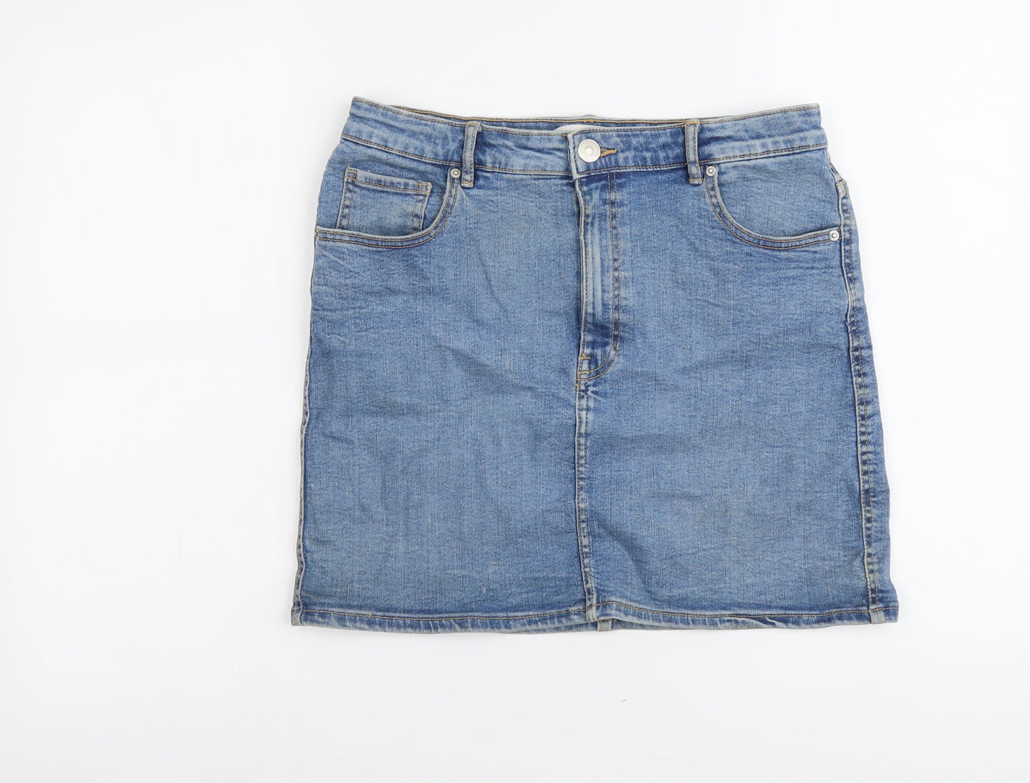 Zara Womens Blue Cotton Straight & Pencil Skirt Size L Button