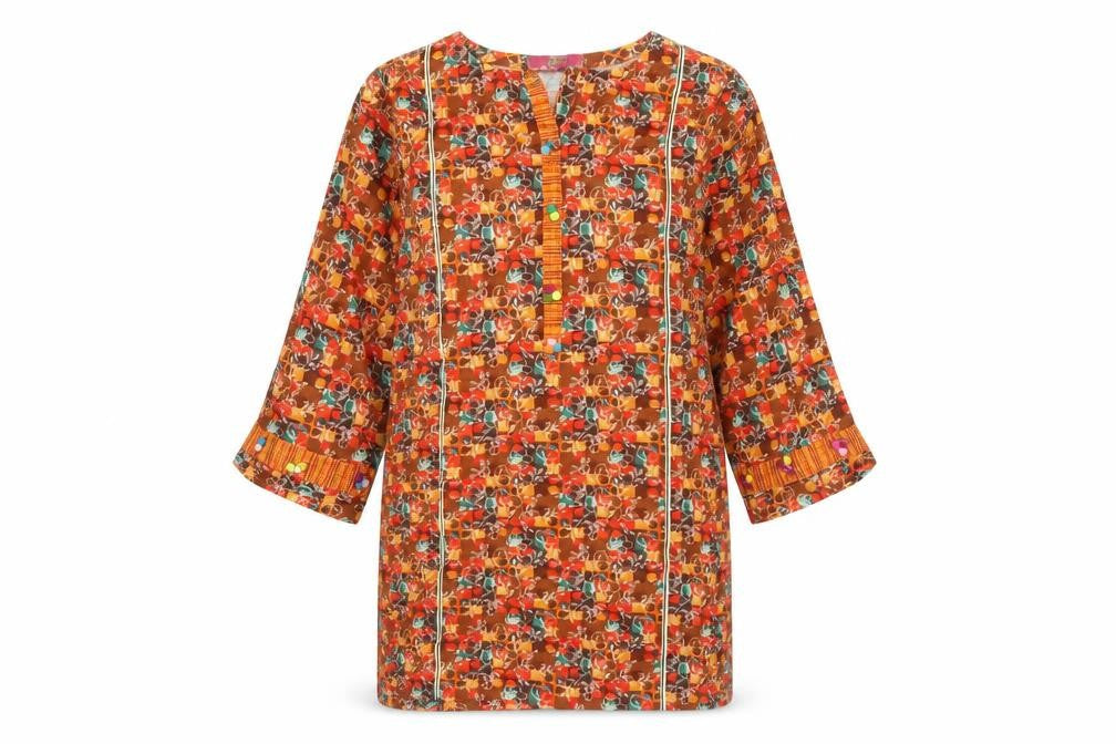 Alive Womens Orange Geometric Cotton Kaftan Size 6 Boat Neck Pullover
