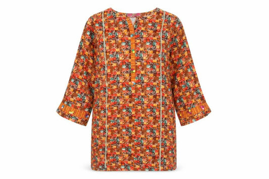 Alive Womens Orange Geometric Cotton Kaftan Size 6 Boat Neck Pullover