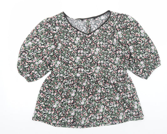 PEP&CO Womens Black Floral Viscose Basic Blouse Size M V-Neck - Smocked