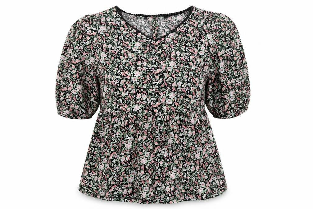 PEP&CO Womens Black Floral Viscose Basic Blouse Size M V-Neck - Smocked