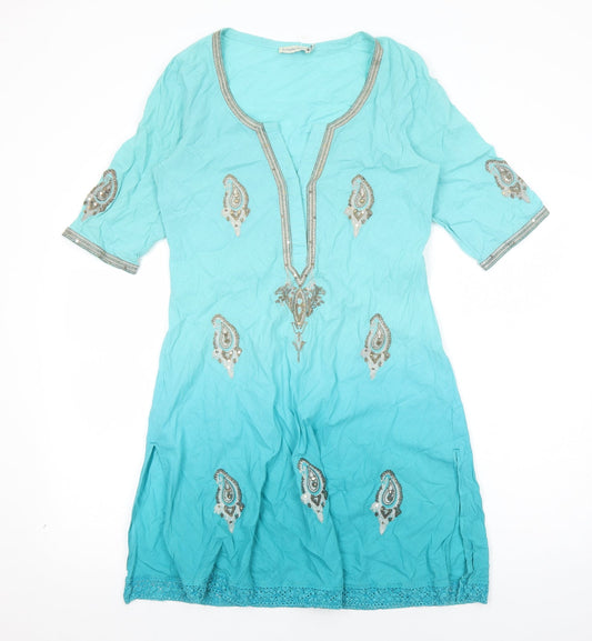 Everyday Sugar Womens Blue Geometric Cotton Kaftan Size S V-Neck Pullover