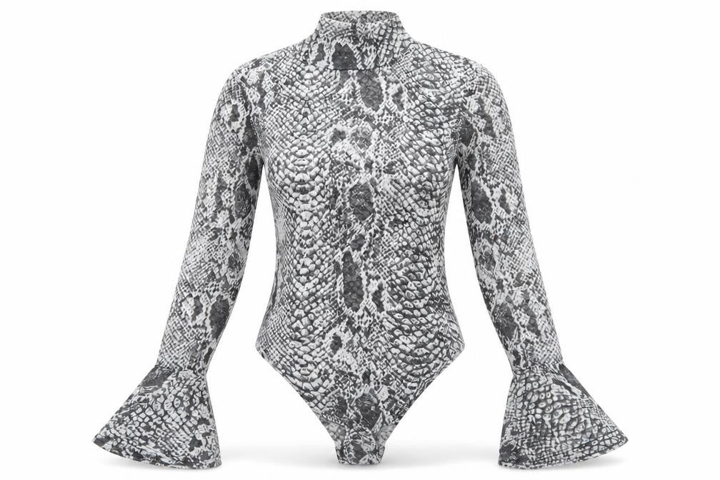 Glamour Womens Grey Animal Print Polyester Bodysuit One-Piece Size 10 Snap - Snake print