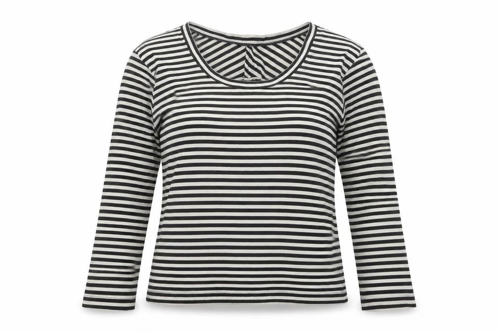 Preworn Womens Black Striped Polyester Basic Blouse Size M Scoop Neck