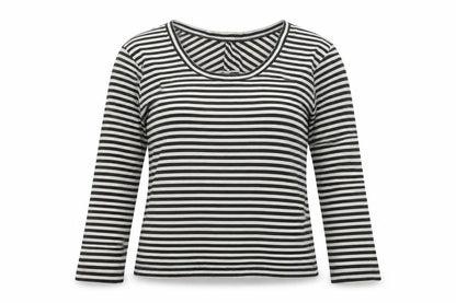 Preworn Womens Black Striped Polyester Basic Blouse Size M Scoop Neck