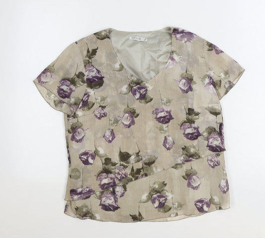 Gold Womens Grey Floral Polyester Basic T-Shirt Size 10 V-Neck