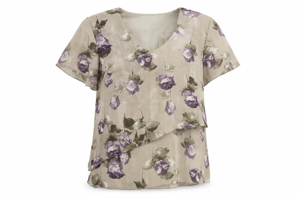 Gold Womens Grey Floral Polyester Basic T-Shirt Size 10 V-Neck
