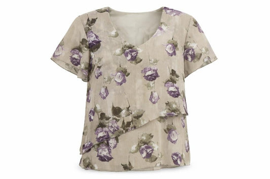 Gold Womens Grey Floral Polyester Basic T-Shirt Size 10 V-Neck