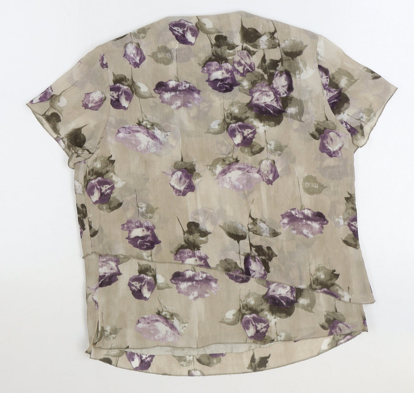 Gold Womens Grey Floral Polyester Basic T-Shirt Size 10 V-Neck