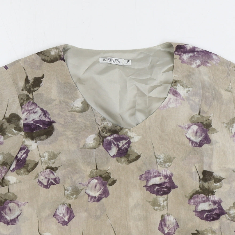 Gold Womens Grey Floral Polyester Basic T-Shirt Size 10 V-Neck