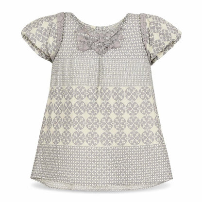 Monsoon Girls Grey Geometric Cotton Basic Blouse Size 9-10 Years Boat Neck Button