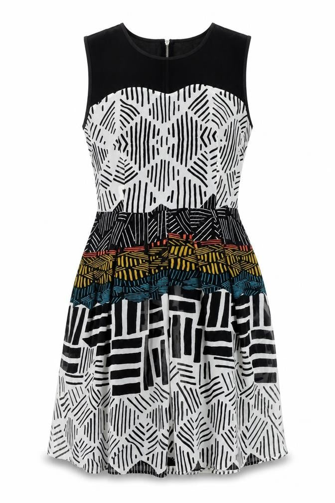 Marks & Spencer Womens Black Geometric Polyester Fit & Flare Size 8 Round Neck Zip
