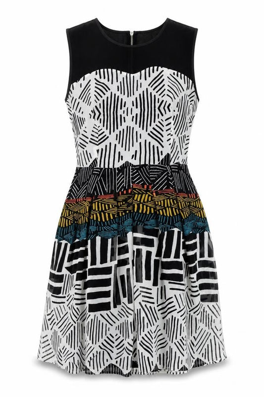 Marks & Spencer Womens Black Geometric Polyester Fit & Flare Size 8 Round Neck Zip