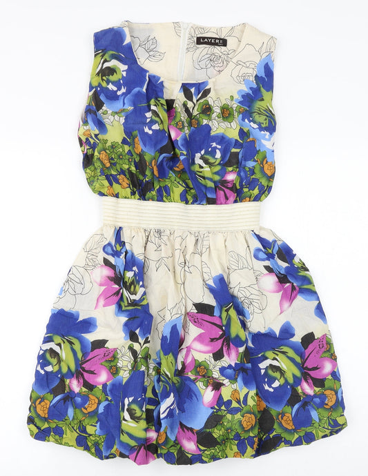 Layers Womens Multicoloured Floral Polyester Fit & Flare Size 6 Round Neck Zip