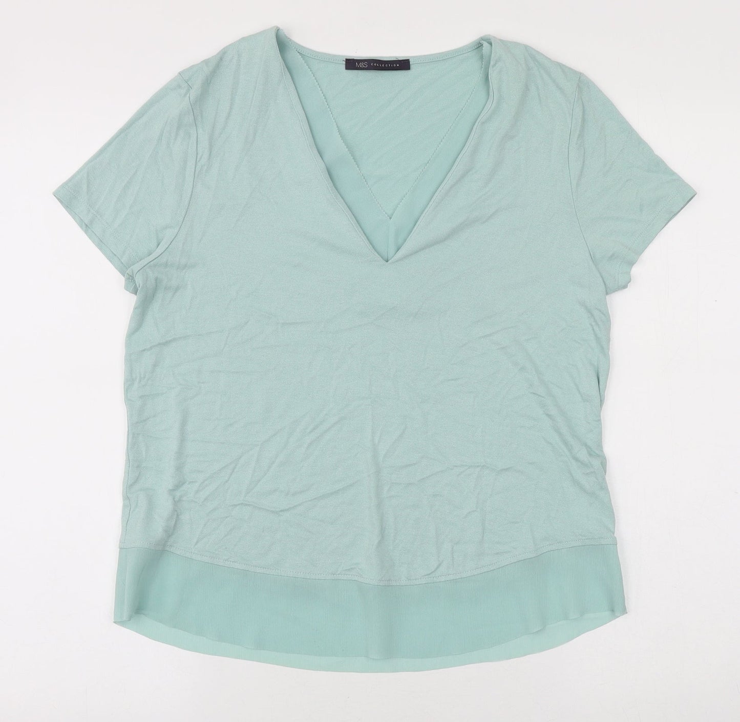 Marks and Spencer Womens Green Viscose Basic T-Shirt Size 10 V-Neck