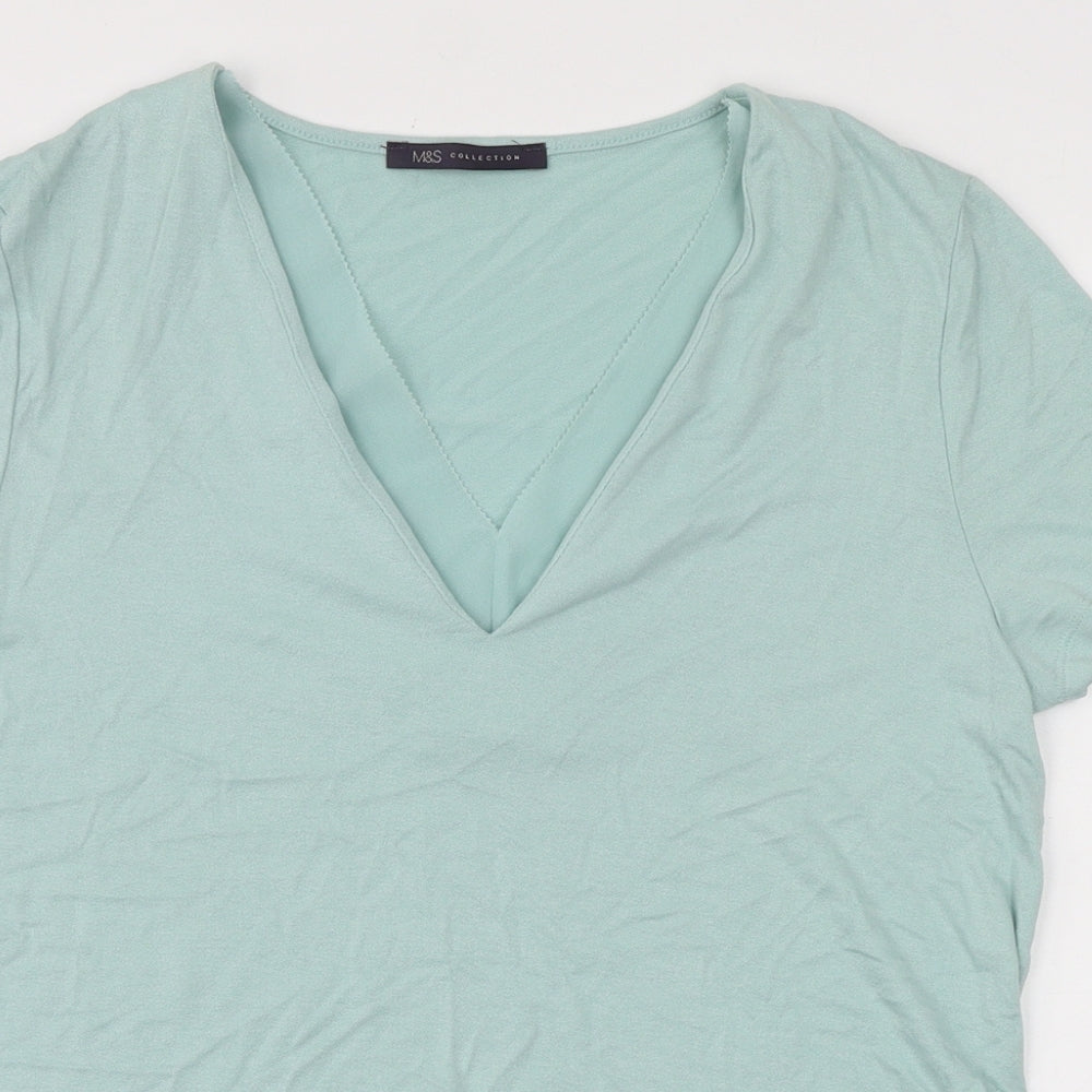Marks and Spencer Womens Green Viscose Basic T-Shirt Size 10 V-Neck