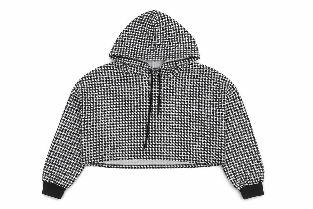 SheIn Womens Black Houndstooth Polyester Pullover Hoodie Size L Pullover - Cropped