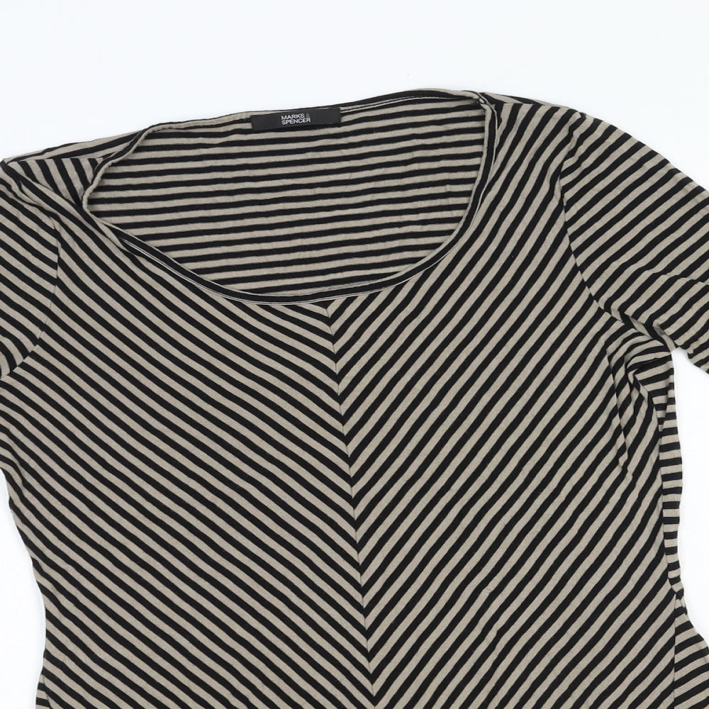 Marks and Spencer Womens Brown Striped Cotton Basic T-Shirt Size 12 Round Neck