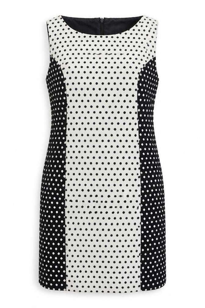 NEXT Womens White Polka Dot Cotton Shift Size 10 Round Neck Zip