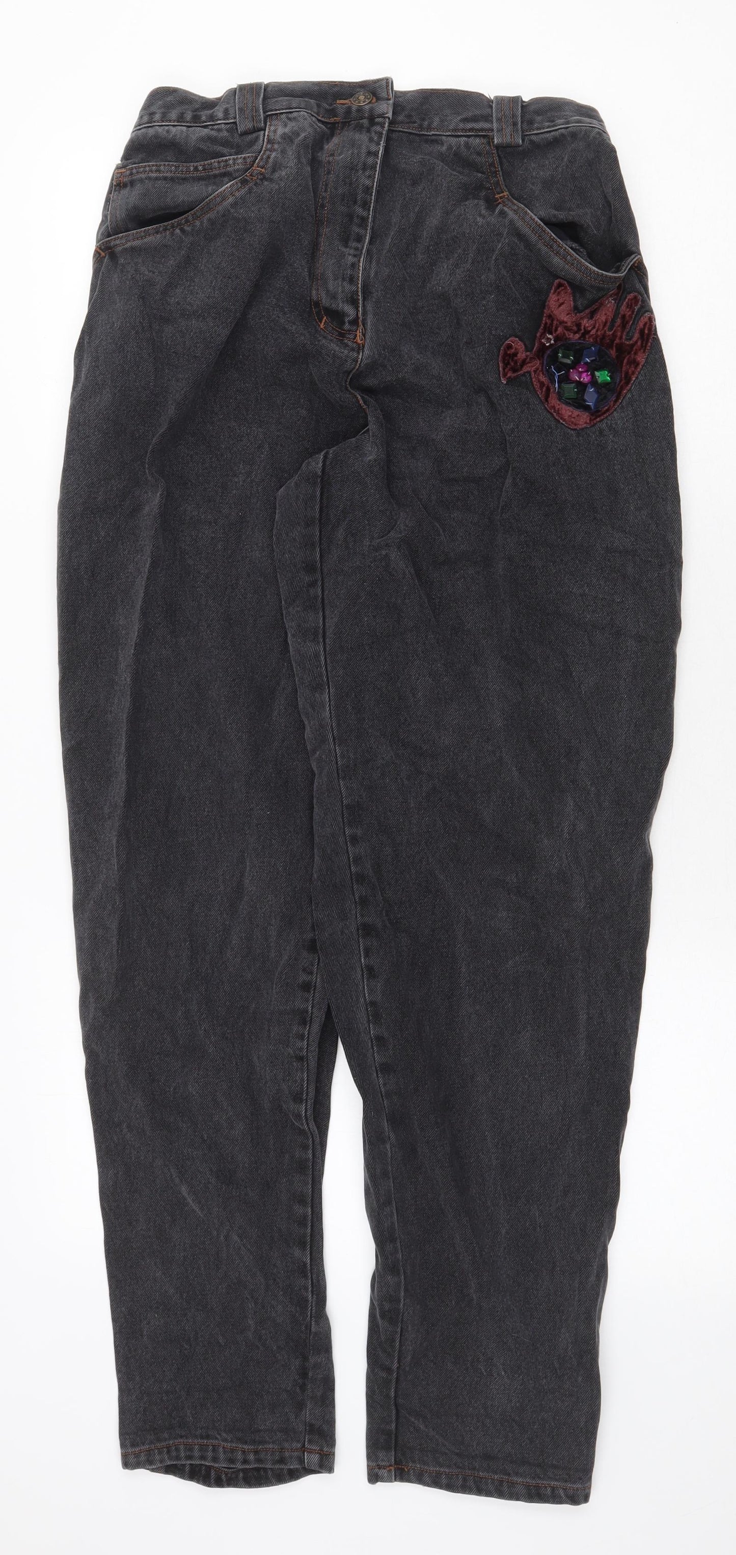 Preworn Womens Grey Cotton Straight Jeans Size 10 Regular Zip - Bird Detail