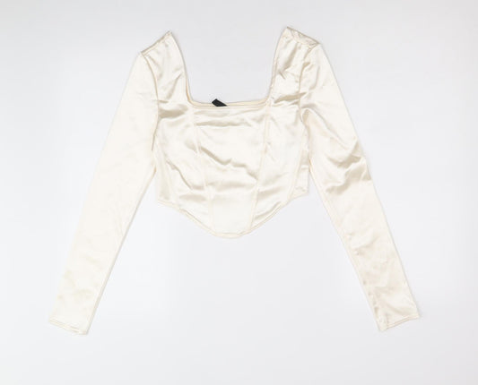 Divided by H&M Womens Ivory Viscose Cropped Blouse Size S Square Neck