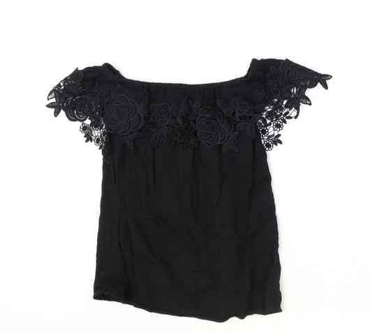 Oasis Womens Black Viscose Basic T-Shirt Size 8 Off the Shoulder - Lace Detail