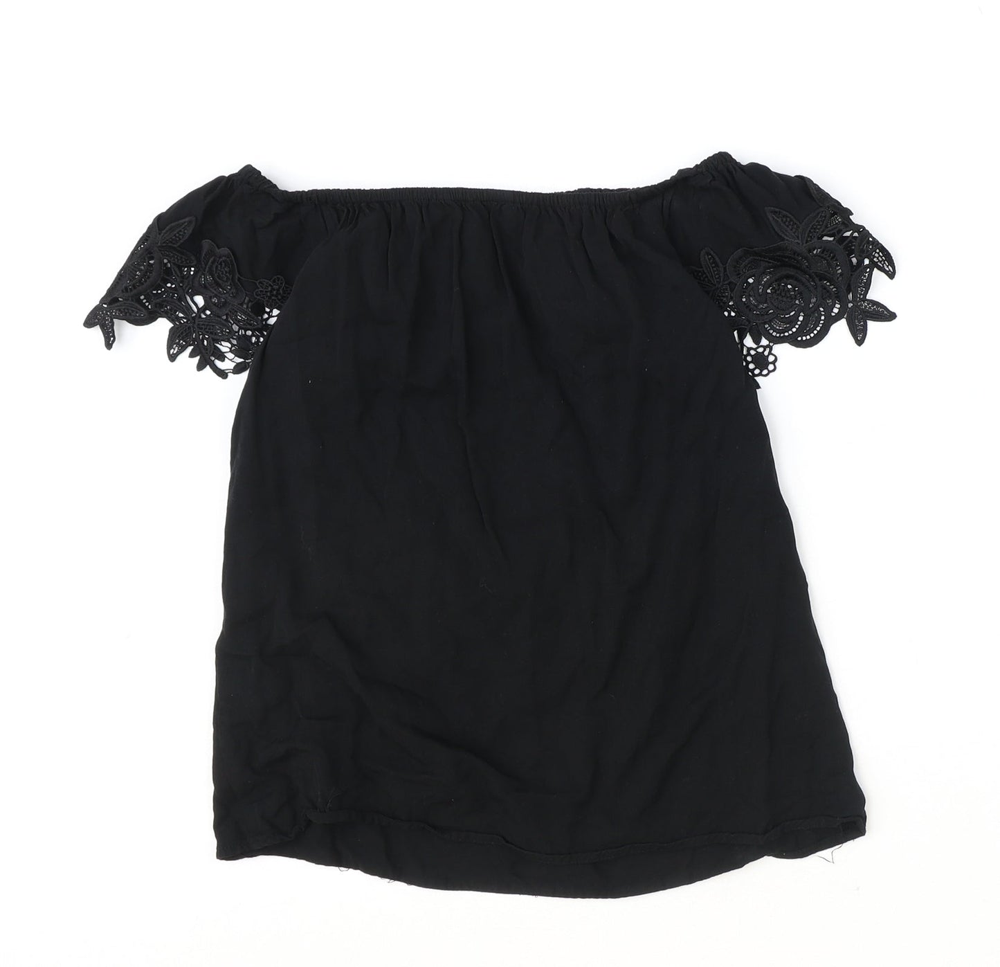 Oasis Womens Black Viscose Basic T-Shirt Size 8 Off the Shoulder - Lace Detail
