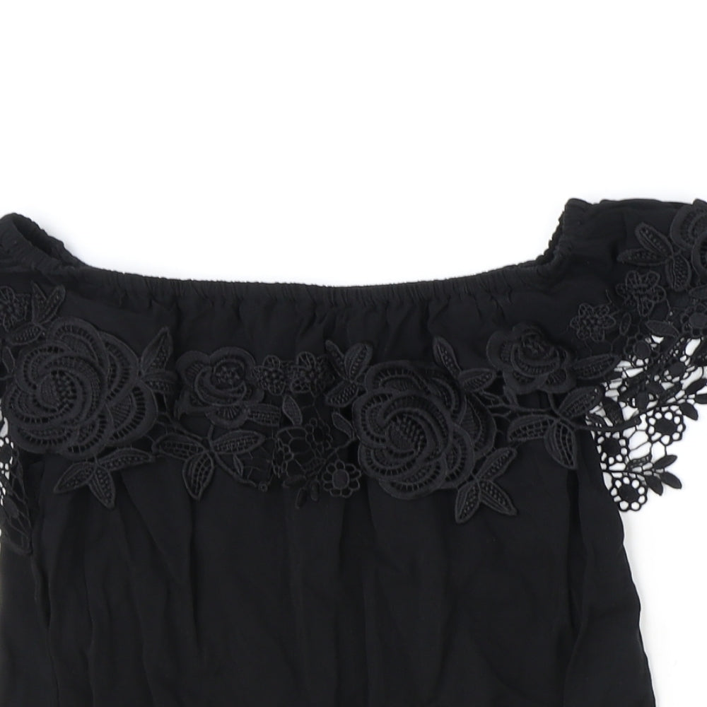 Oasis Womens Black Viscose Basic T-Shirt Size 8 Off the Shoulder - Lace Detail