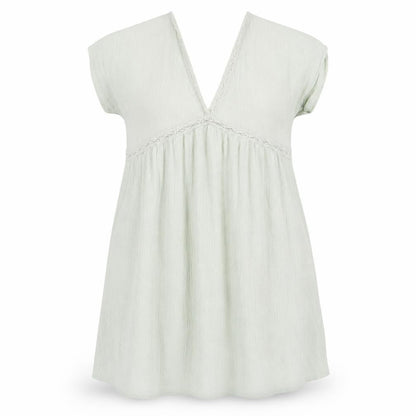 Front view of ASOS women’s green polyester shift, size UK 16, v-neck pullover - lace trim