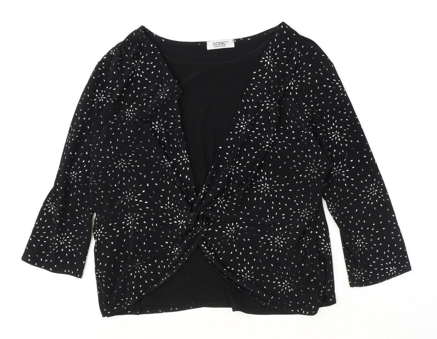 Sonic Collection Womens Black Geometric Polyester Basic Blouse Size 12 Boat Neck - Knot Front
