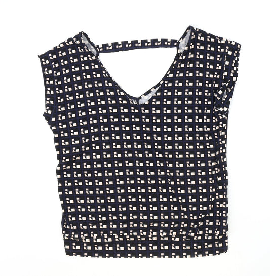 Blue Chameleon Womens Blue Geometric Viscose Basic T-Shirt Size M V-Neck