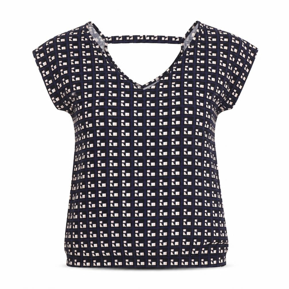 Blue Chameleon Womens Blue Geometric Viscose Basic T-Shirt Size M V-Neck