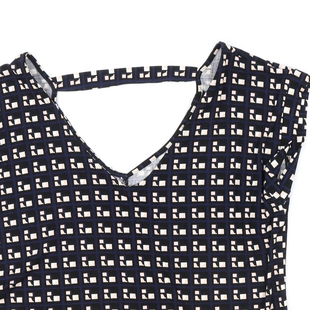 Blue Chameleon Womens Blue Geometric Viscose Basic T-Shirt Size M V-Neck