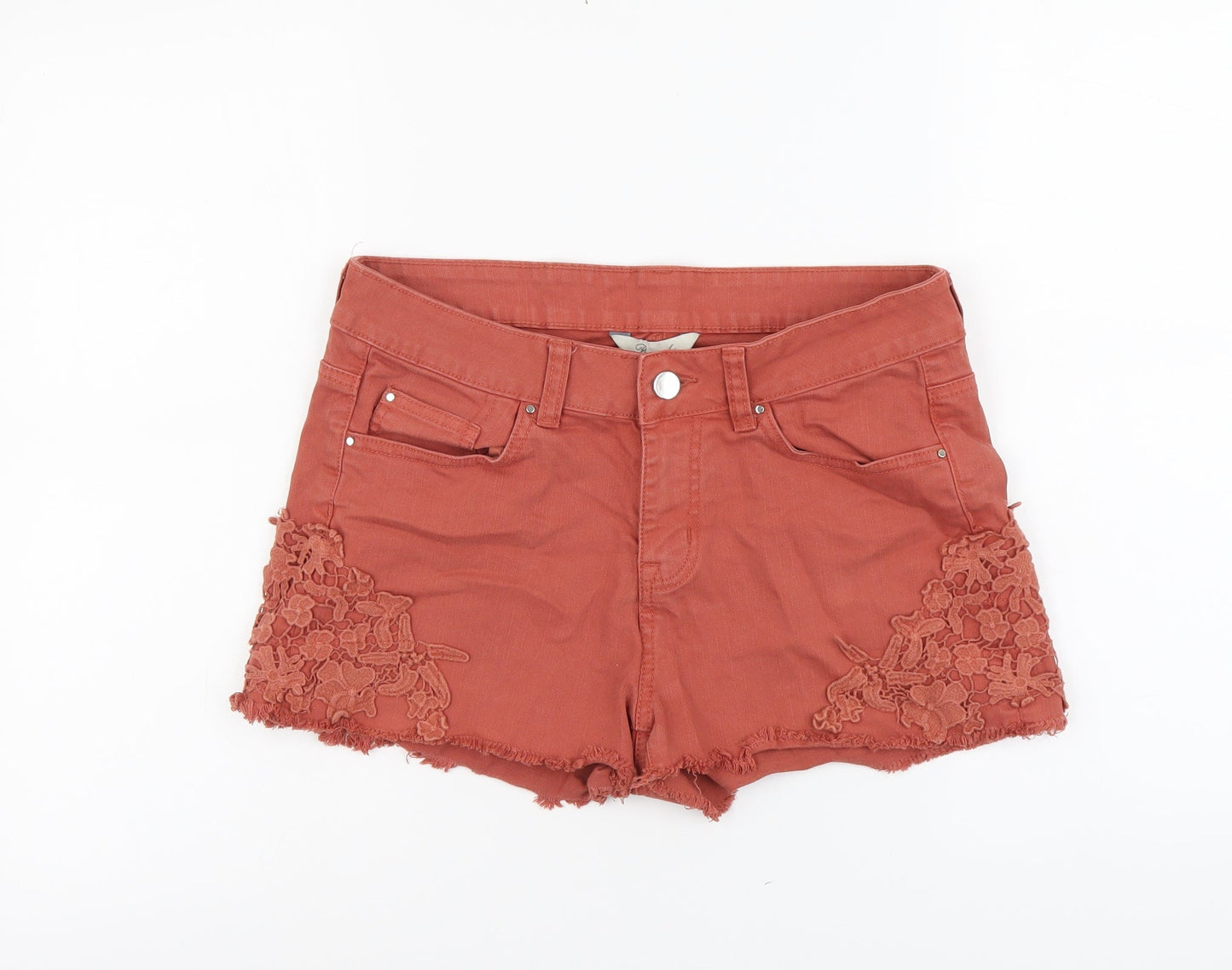 Peacocks Womens Brown Cotton Cut-Off Shorts Size 10 L3 in Regular Button - Lace Detail