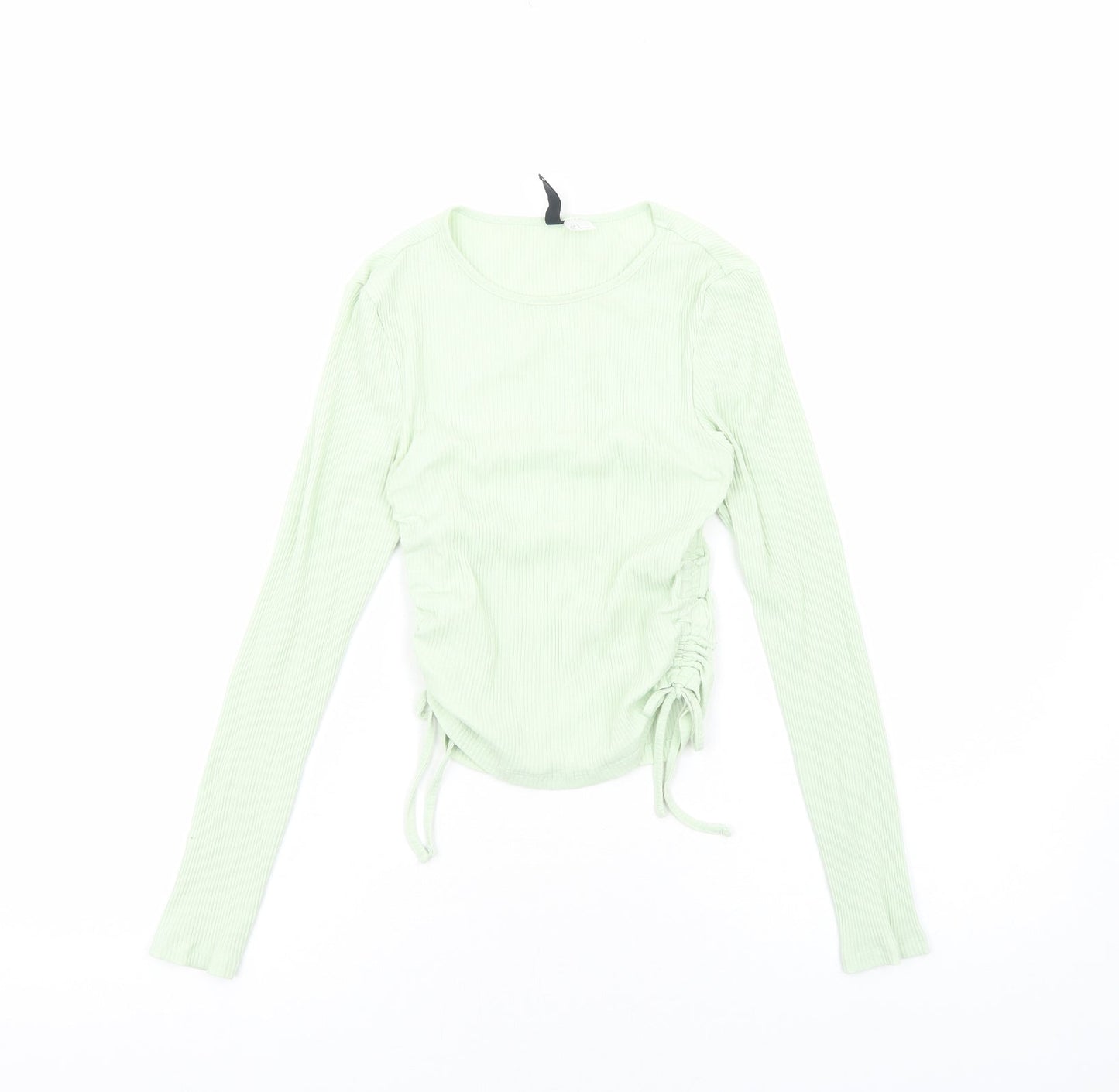 H&M Womens Green Viscose Cropped Blouse Size S Scoop Neck - Ribbed Side Ruched