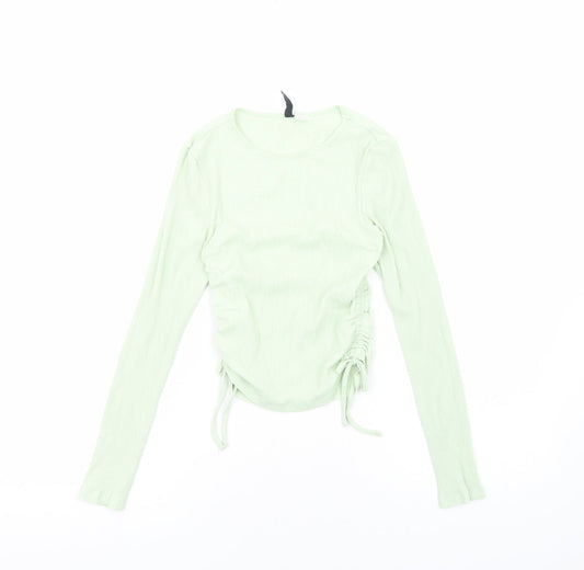 H&M Womens Green Viscose Cropped Blouse Size S Scoop Neck - Ribbed Side Ruched