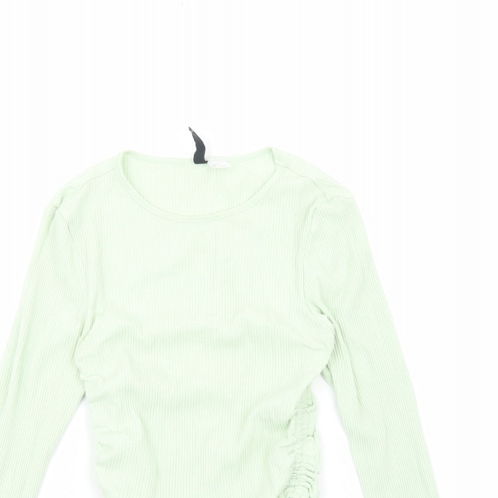 H&M Womens Green Viscose Cropped Blouse Size S Scoop Neck - Ribbed Side Ruched