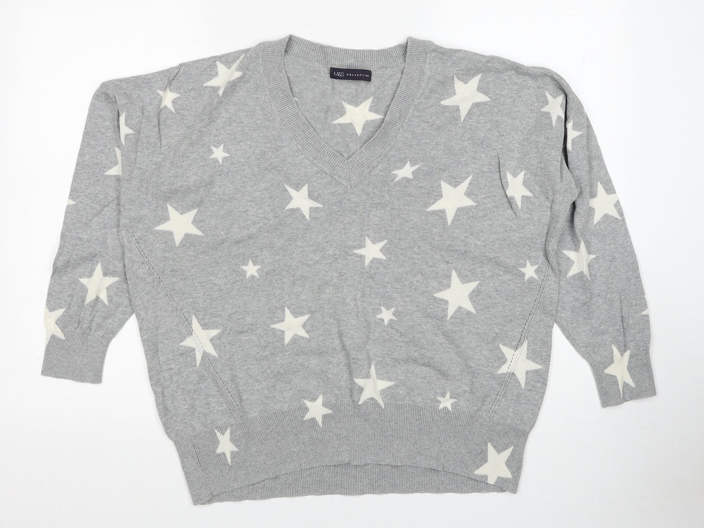 Marks and Spencer Womens Grey V-Neck Geometric Cotton Pullover Jumper Size L - Star Pattern