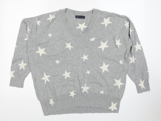 Marks and Spencer Womens Grey V-Neck Geometric Cotton Pullover Jumper Size L - Star Pattern
