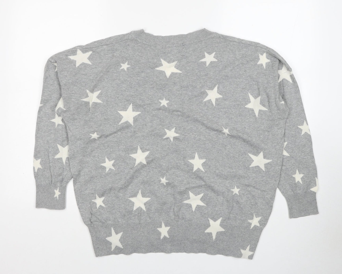 Marks and Spencer Womens Grey V-Neck Geometric Cotton Pullover Jumper Size L - Star Pattern