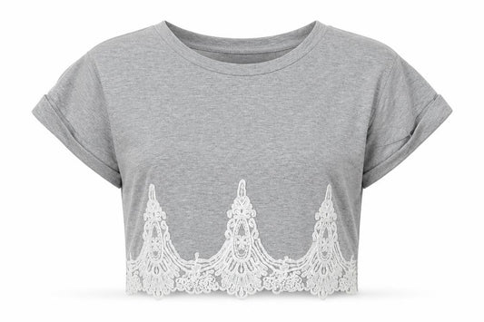 Miss Selfridge Womens Grey Polyester Cropped T-Shirt Size 8 Scoop Neck